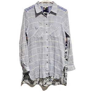 John Mark Blouse Blue Multi Media Boho Button Front Cotton Blend Size Small